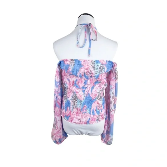 Venus Floral Smocked Halter Top Blouse Cold Shoulder Long Sleeve Size Medium - Picture 4 of 7